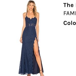 FAME & PARTNERS Revolve Navy Lace Gown Slit Dress Maxi XS 0